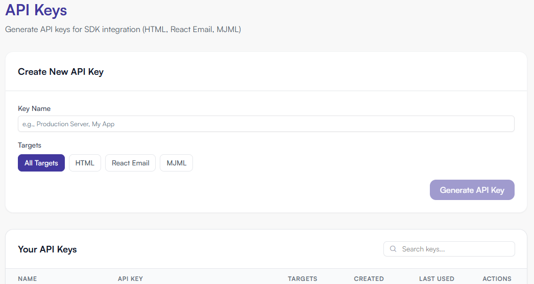 API key creation dialog showing name and targets fields