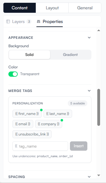 Merge tag highlighted in the editor canvas