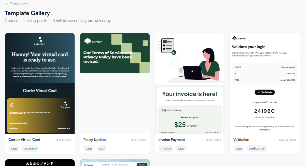 Template gallery library showing a grid of email templates