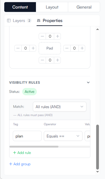 Visibility rule editor showing a plan equals pro condition